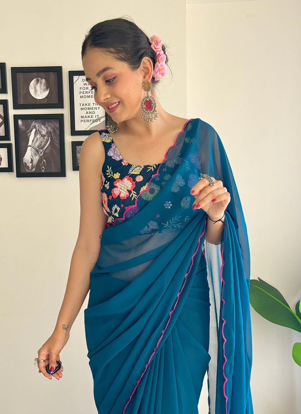 Traditional Border Work Faux Georgette Saree - S7576