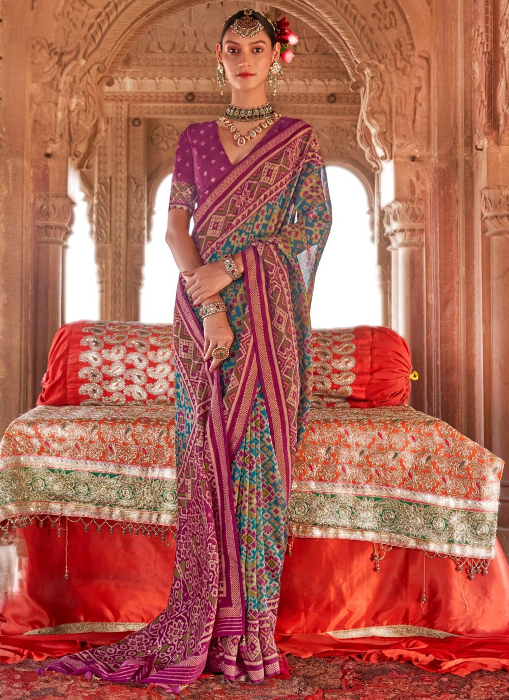 Classic Saree Geometric Print Rama Georgette Saree S13192