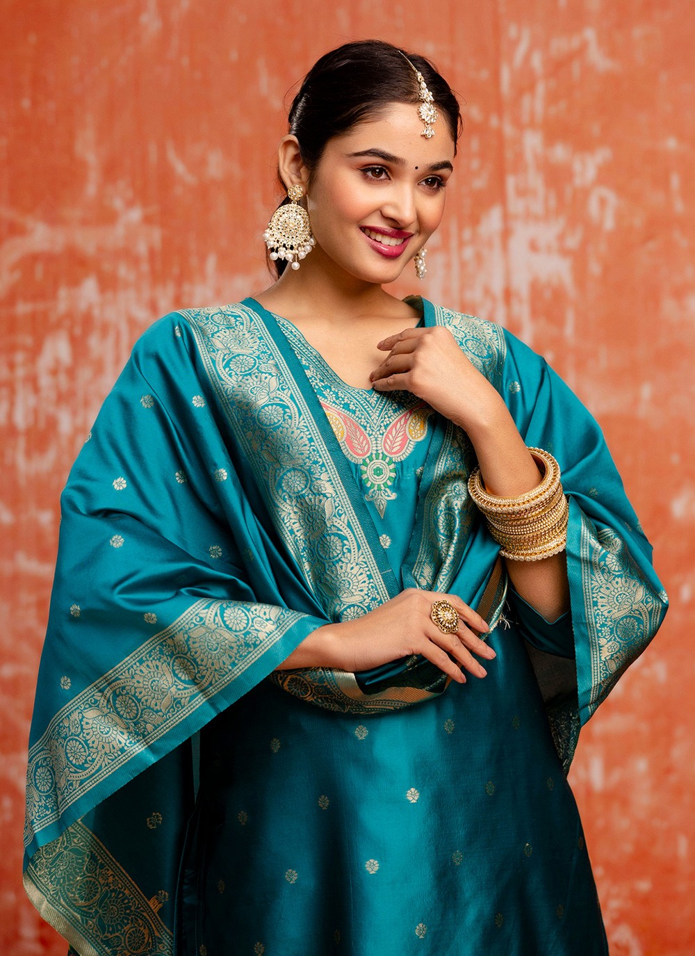 Pant Style Suit Jacquard Work, Zari Rama T7292