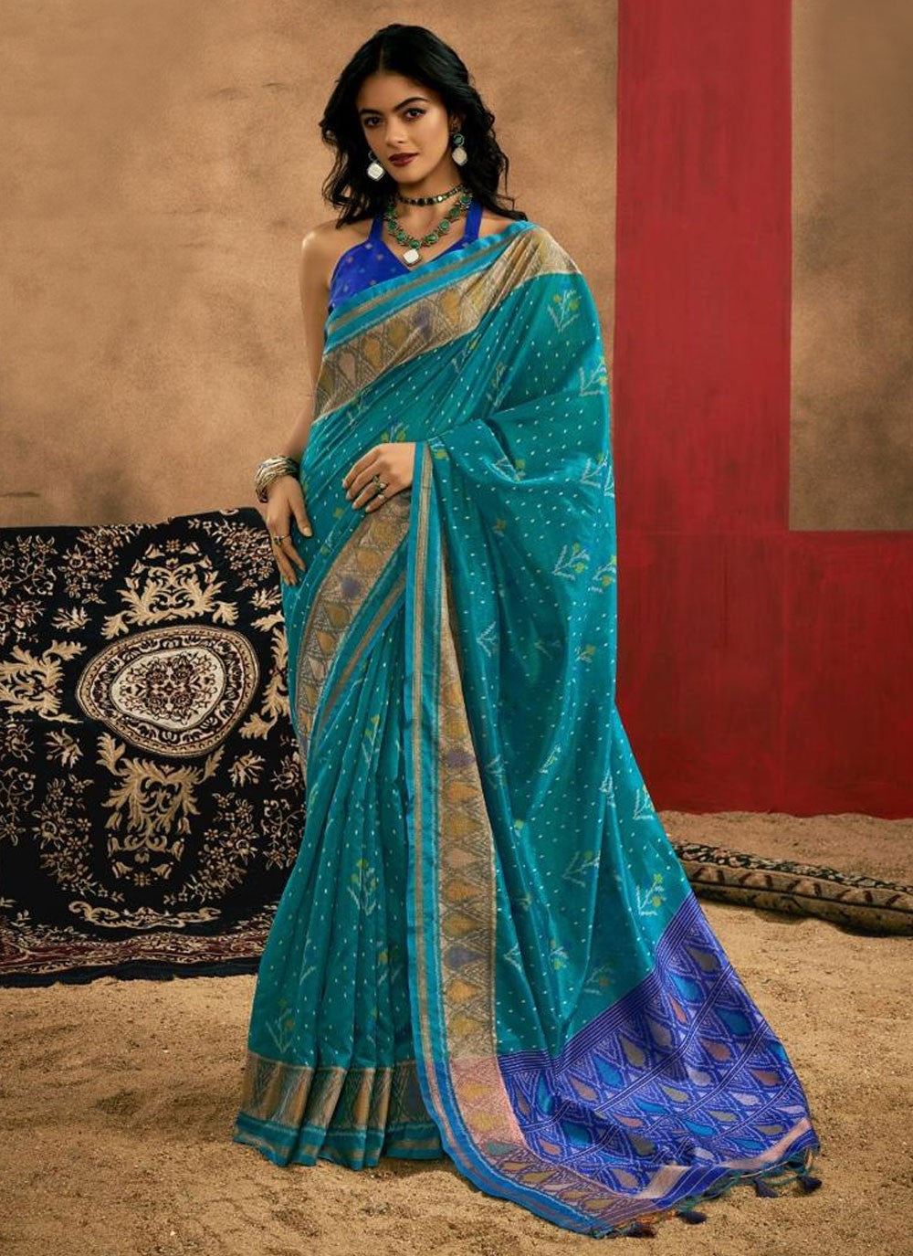 Classic Saree Patola Print Rama Handloom Silk S12606