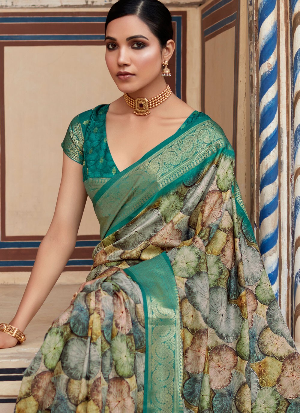 Rama Handloom Silk Contemporary Saree Abstract Print, Border Work, Zari S15748