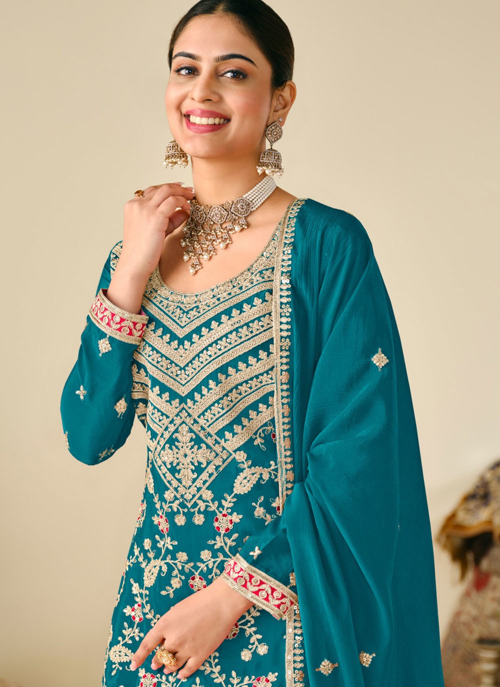 Embroidered Chinon Rama Palazzo Suit T6378