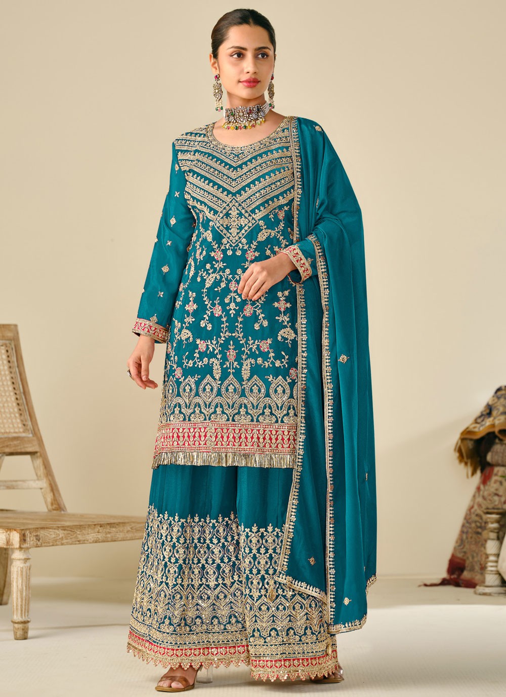 Embroidered Chinon Rama Palazzo Suit T6378