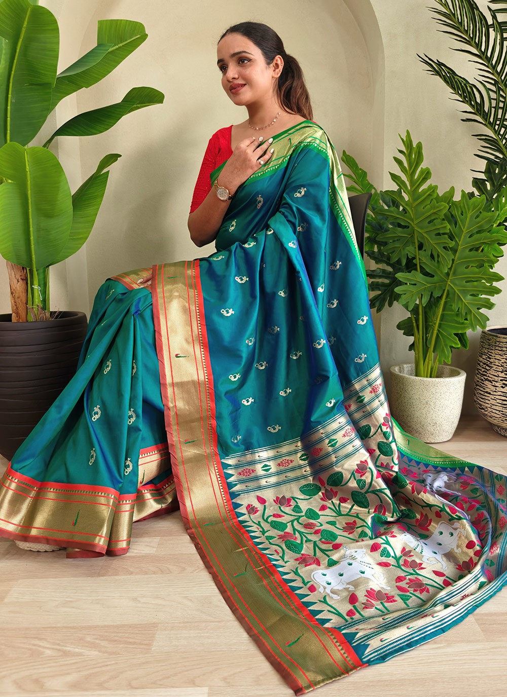 Weaving Zari Silk Rama Contemporary Saree S15012