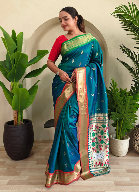 Weaving Zari Silk Rama Contemporary Saree S15012