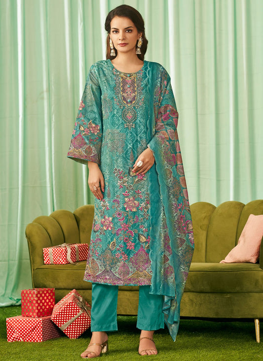Pant Style Suit Digital Print, Embroidered, Resham Thread Work Rama T8126