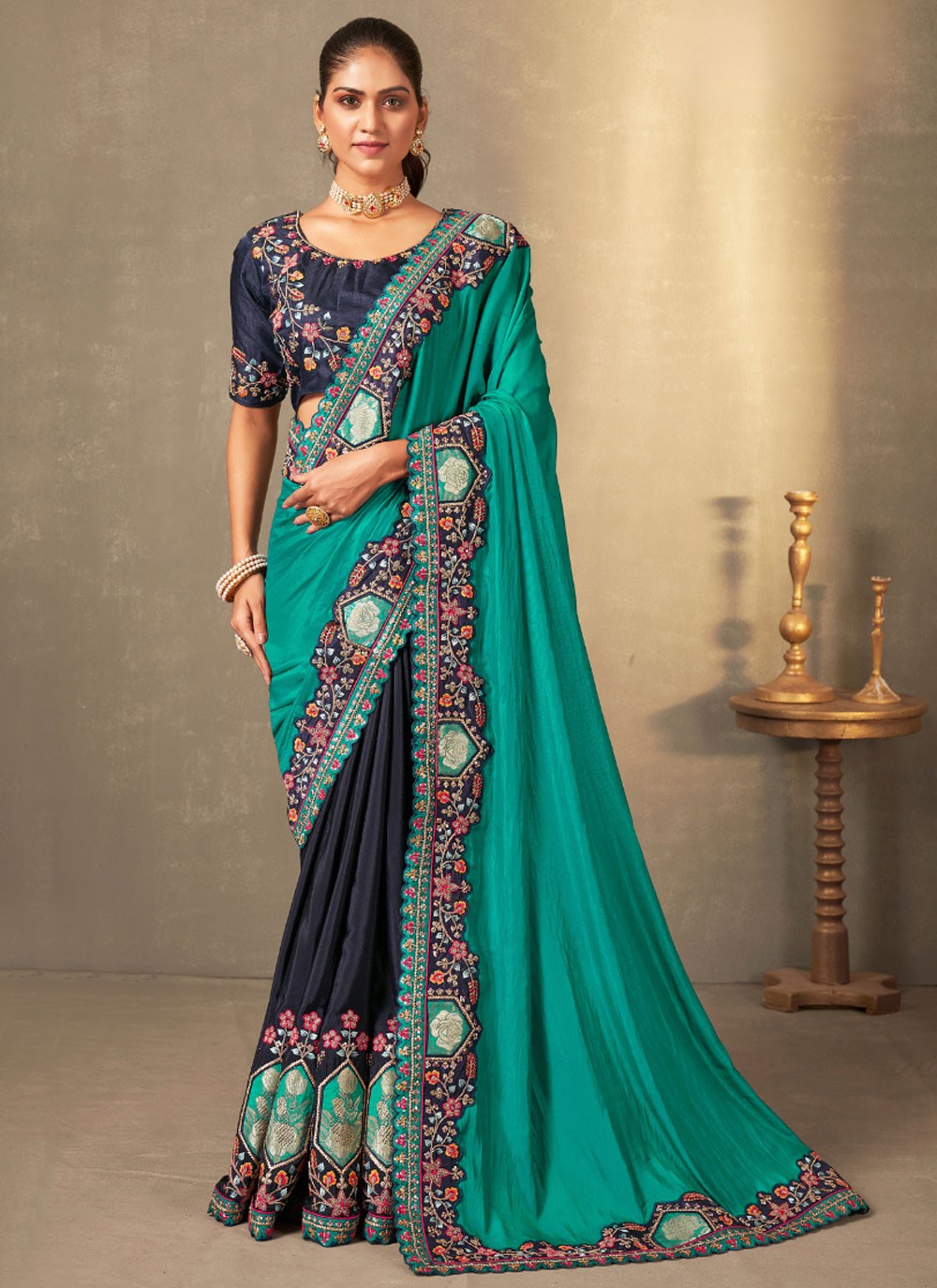 Trendy Saree Cut Work Rama Silk Saree S13370