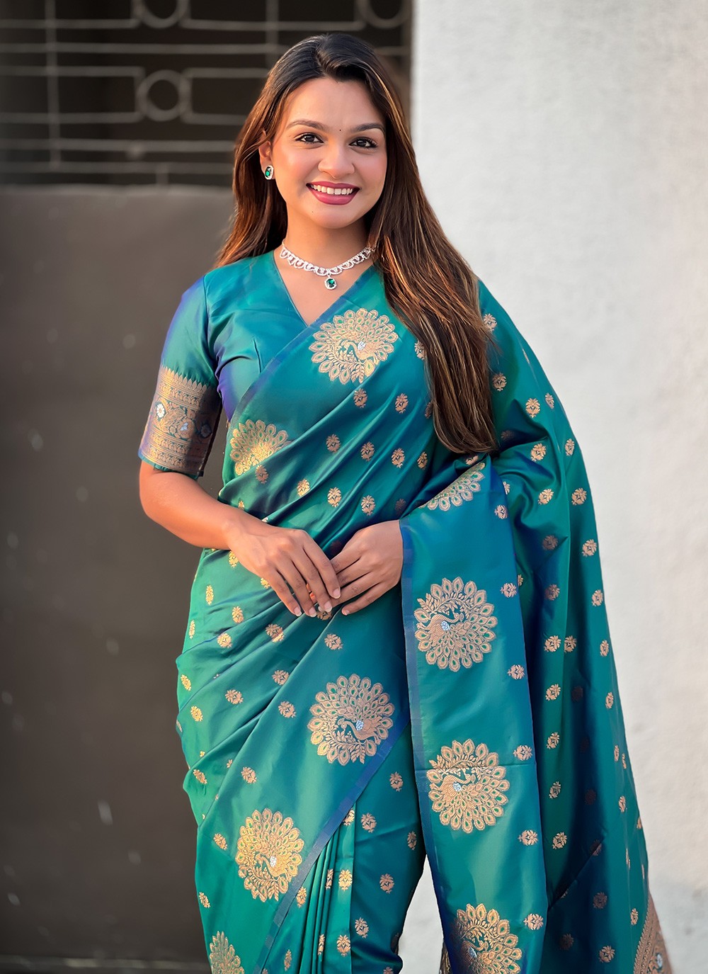 Woven Silk Rama Saree S14678