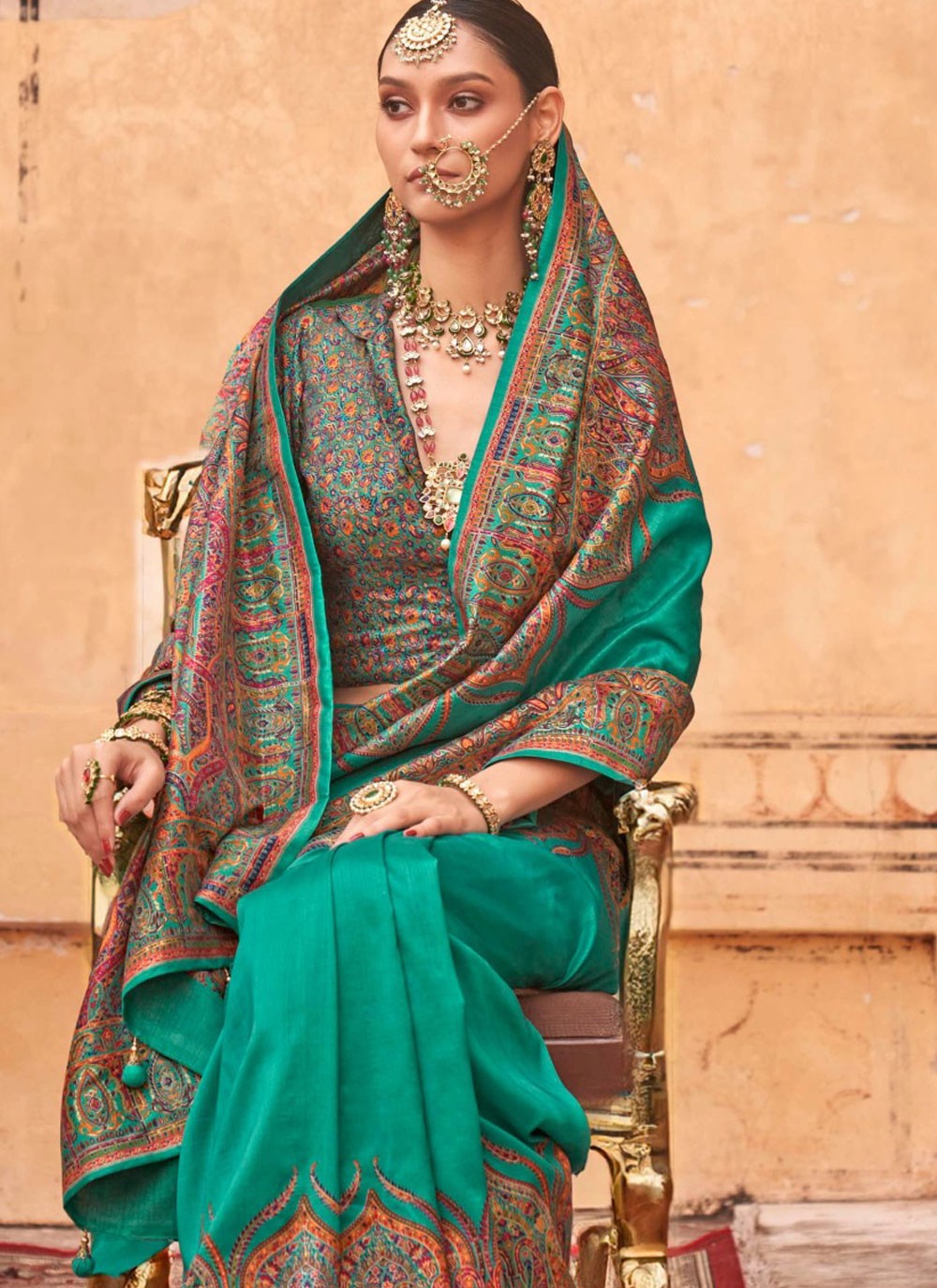 Paisley Printed Silk Rama Saree S14197