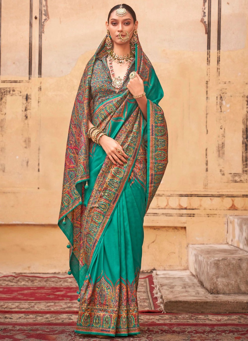 Paisley Printed Silk Rama Saree S14197