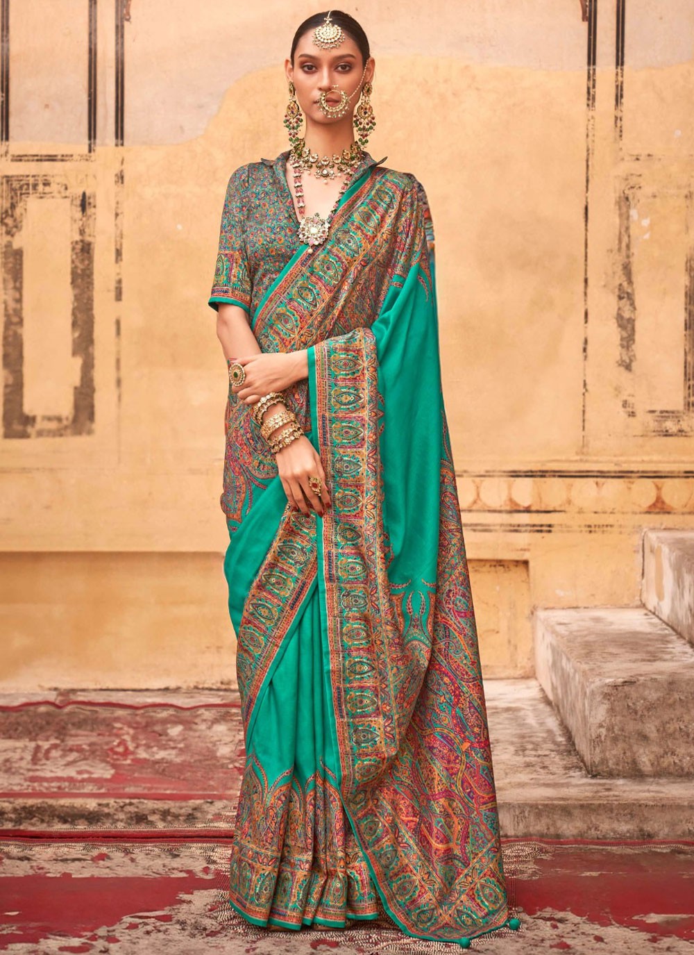 Paisley Printed Silk Rama Saree S14197