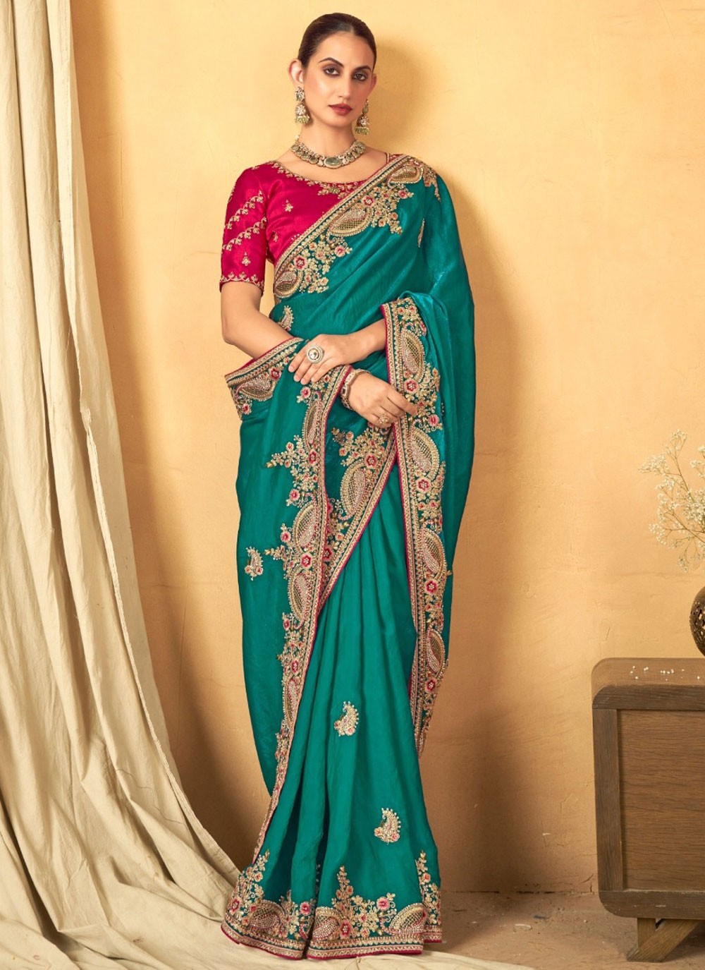 Border Work Silk Rama Traditional Saree S14944