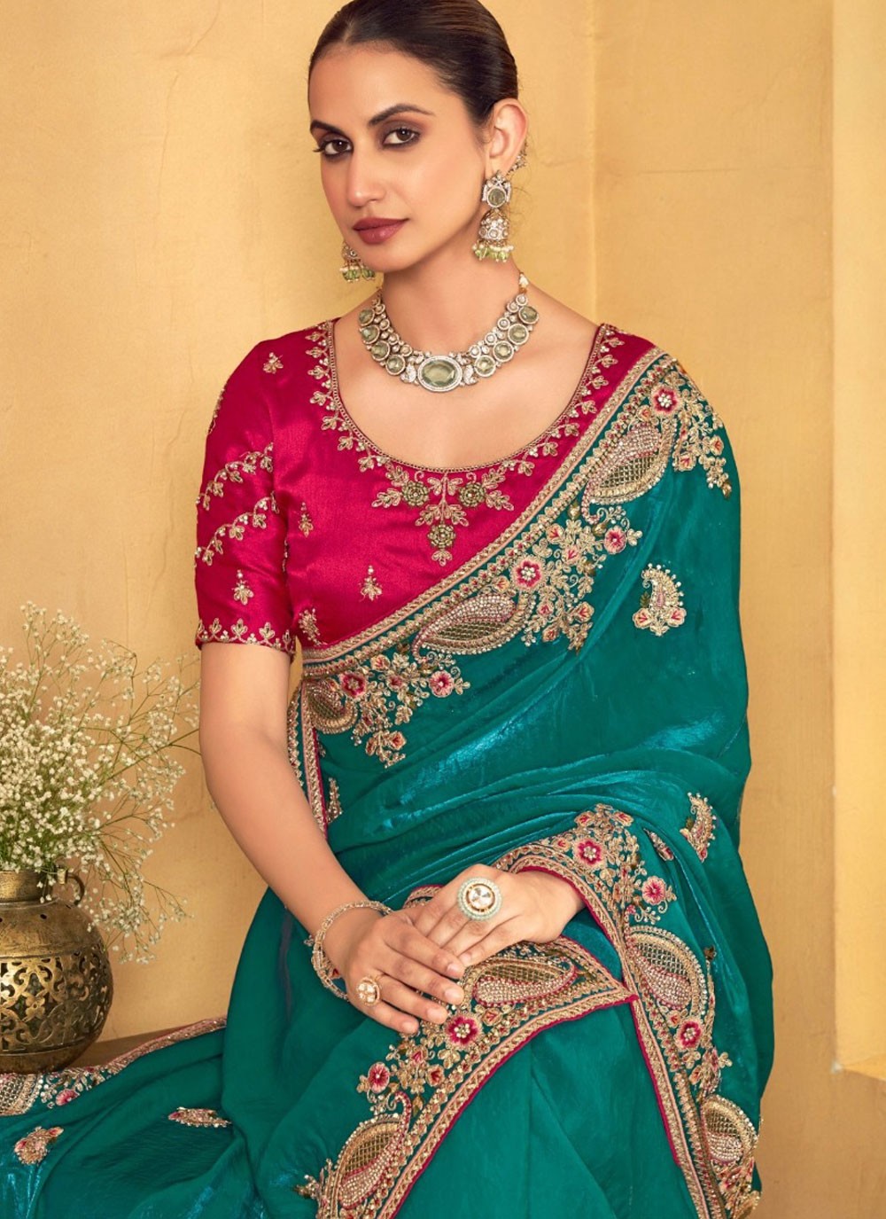 Border Work Silk Rama Traditional Saree S14944