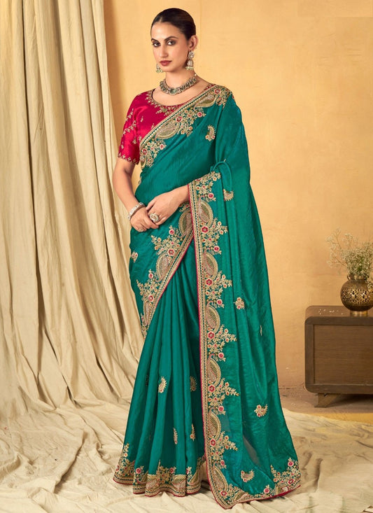 Border Work Silk Rama Traditional Saree S14944