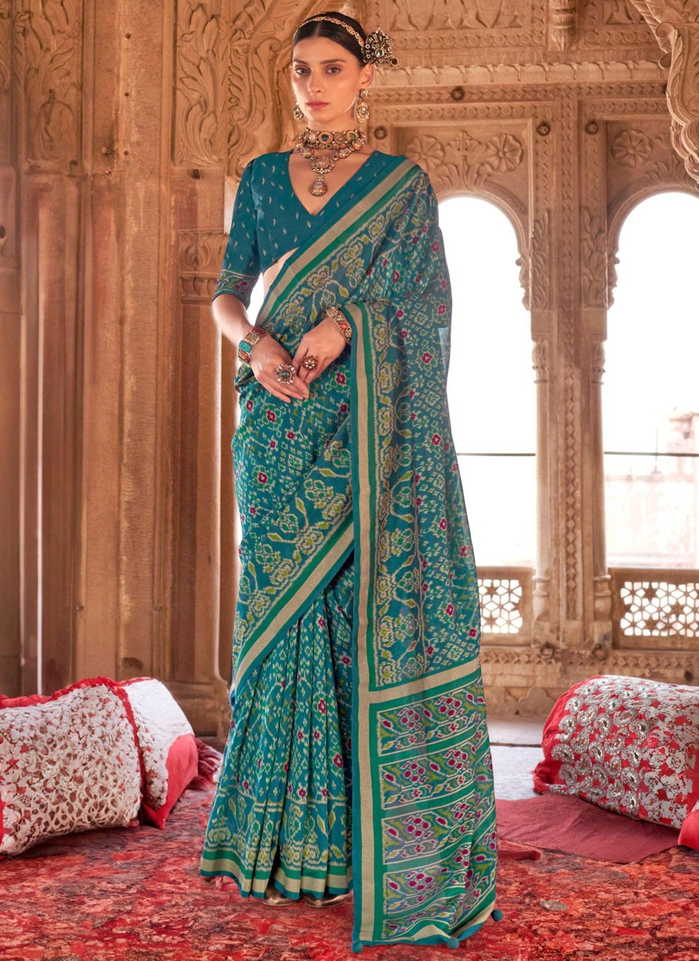 Traditional Paisley Printed Rama Georgette Saree S13201