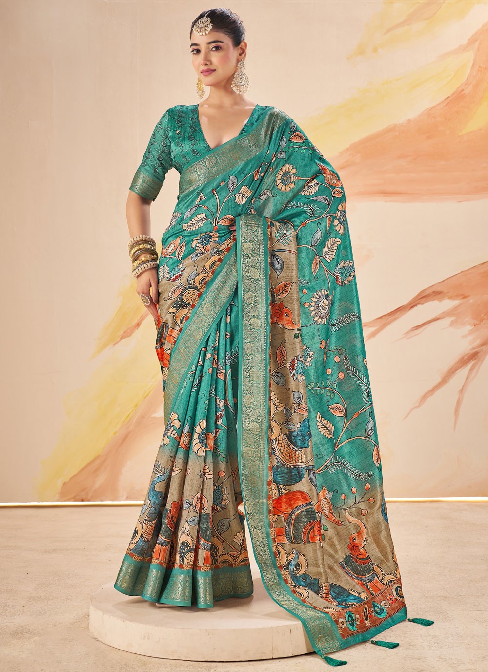 Rama Silk Designer Saree Printed, Weaving Zari S19098