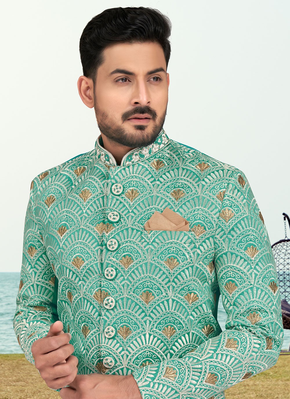 Hand Embroidery Banarasi Silk Rama Sherwani - M6604