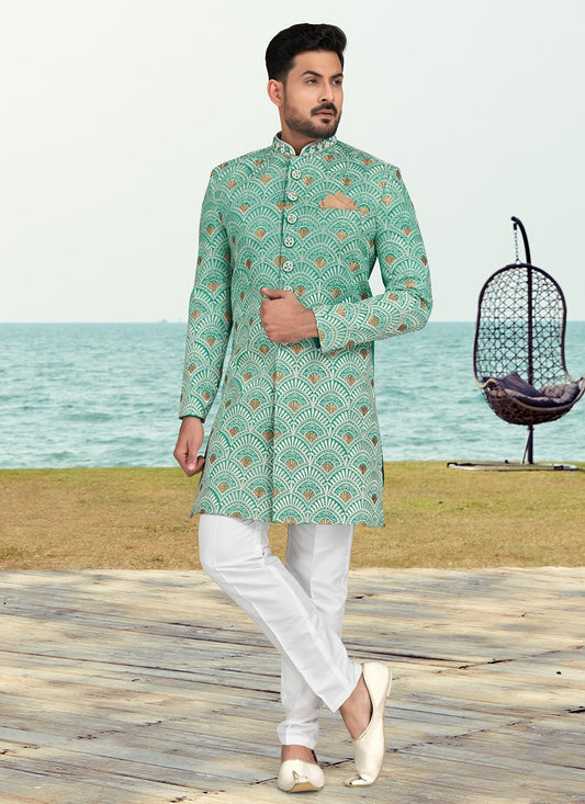 Hand Embroidery Banarasi Silk Rama Sherwani - M6604