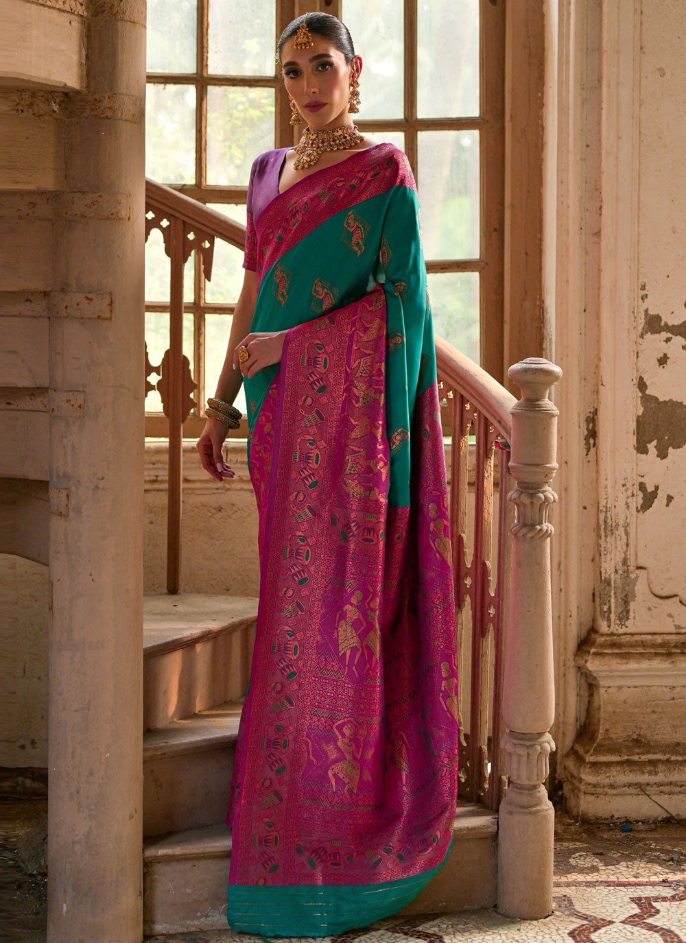 Classic Saree Woven Rama Banarasi Silk Saree S13056