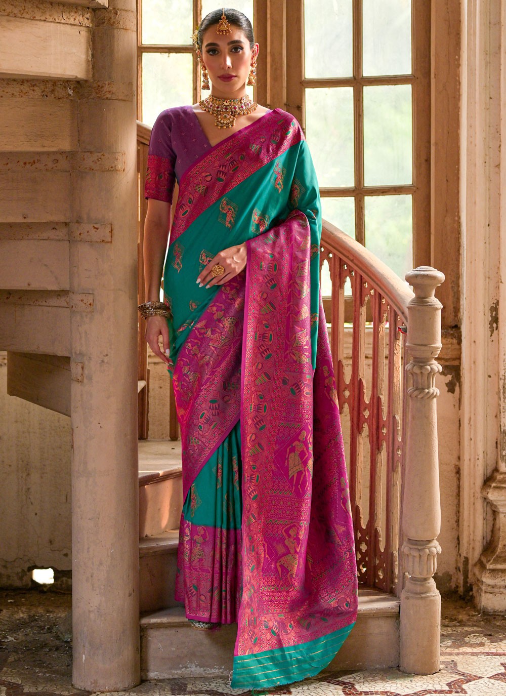 Classic Saree Woven Rama Banarasi Silk Saree S13056