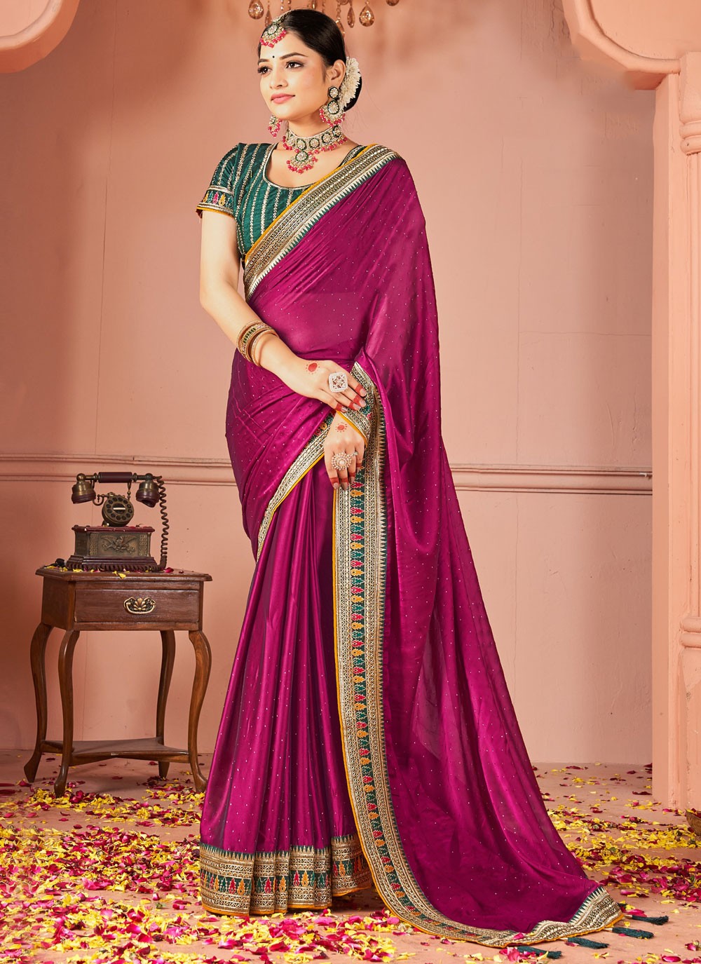 Designer Border Work Wine Rangoli Saree S13040
