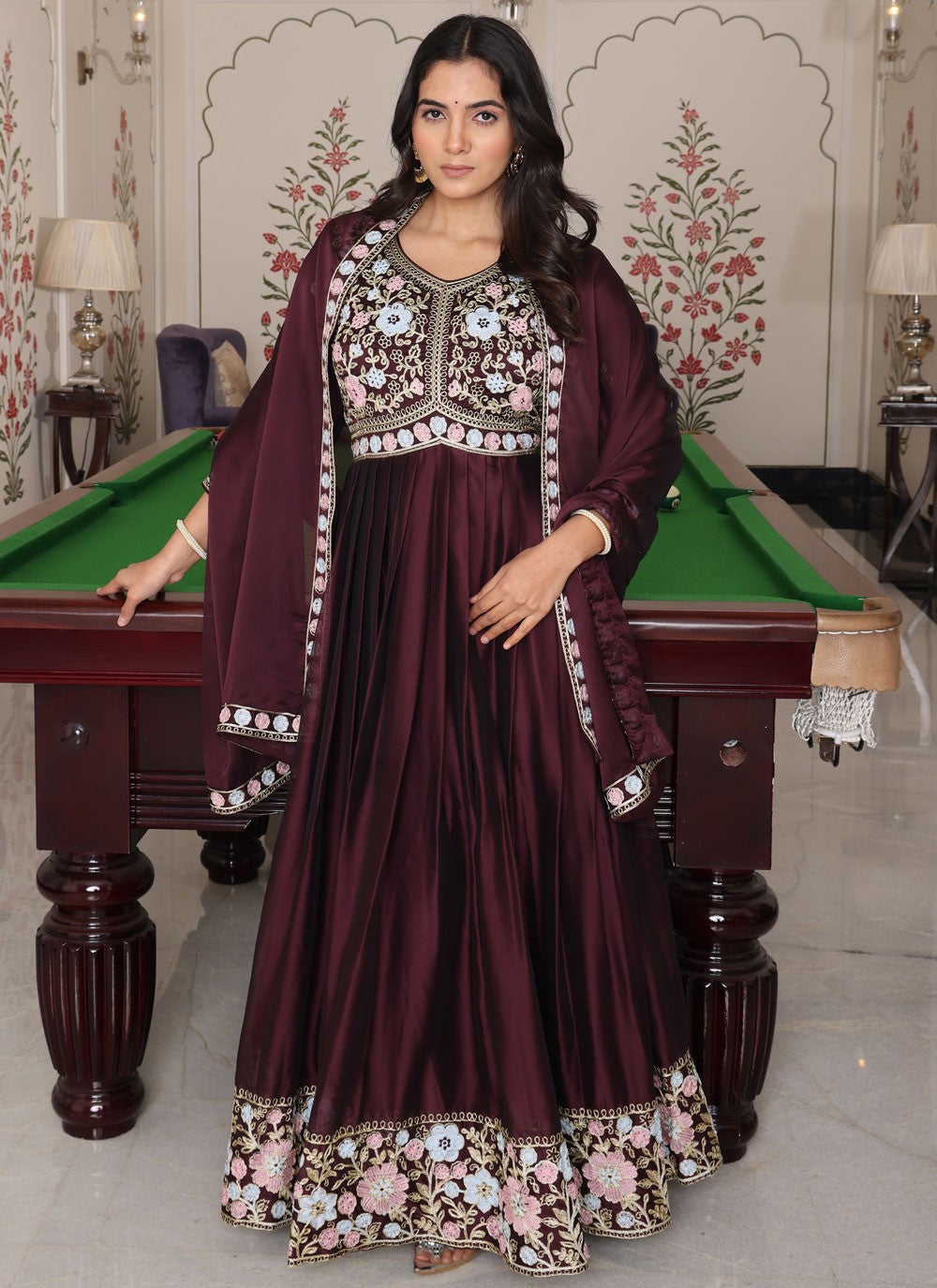 Anarkali Embroidered Wine Rangoli T5869