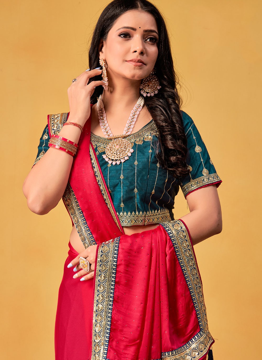 Contemporary Border Work Hot Pink Rangoli Saree S12681