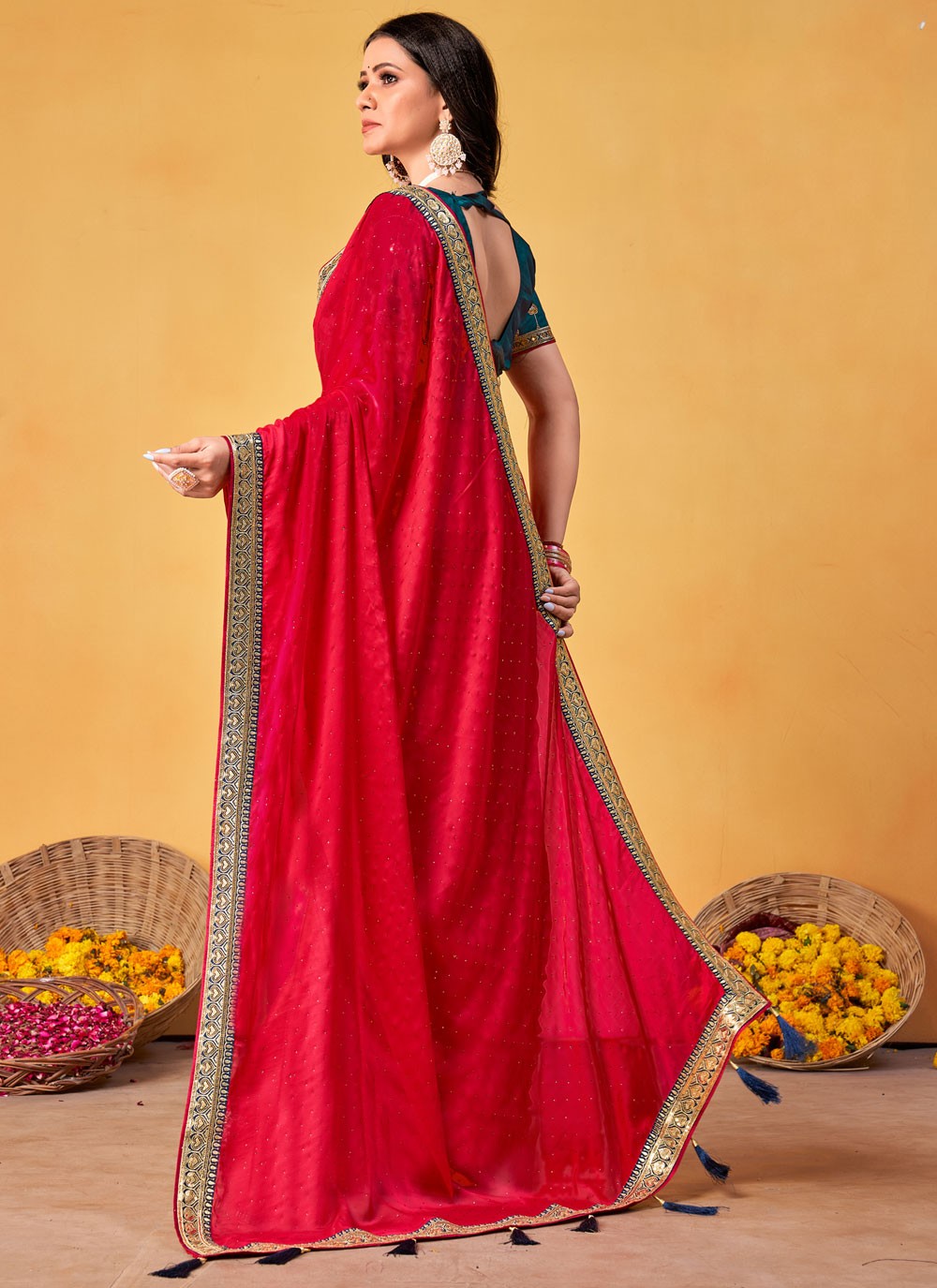 Contemporary Border Work Hot Pink Rangoli Saree S12681