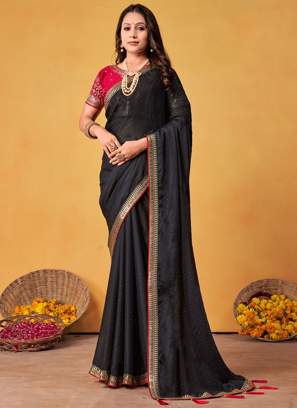 Classic Saree Border Work Black Rangoli Saree S12680
