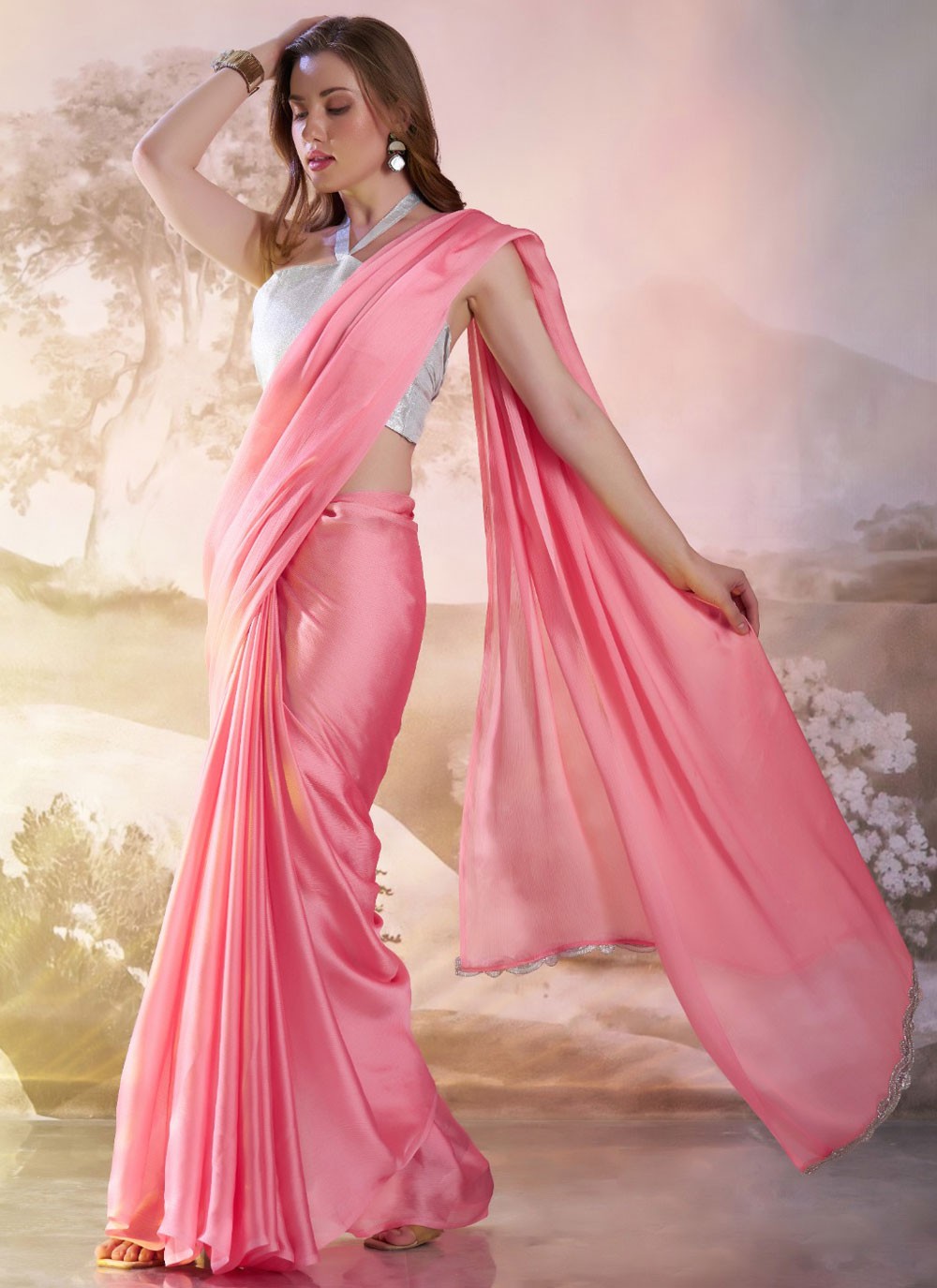 Trendy Saree Plain Pink Rangoli Saree S13570