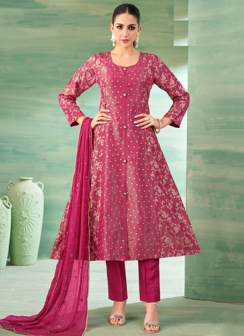 Anarkali Jacquard Work Hot Pink Jacquard T5469