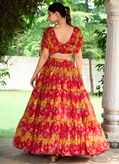 Floral Printed Chiffon Hot Pink Lehenga Choli L3747