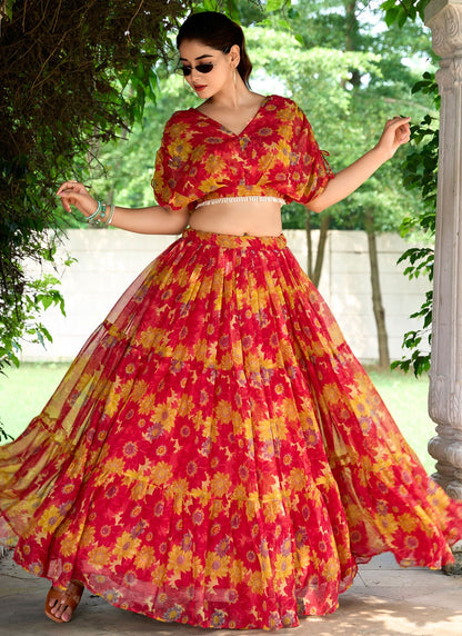 Floral Printed Chiffon Hot Pink Lehenga Choli L3747