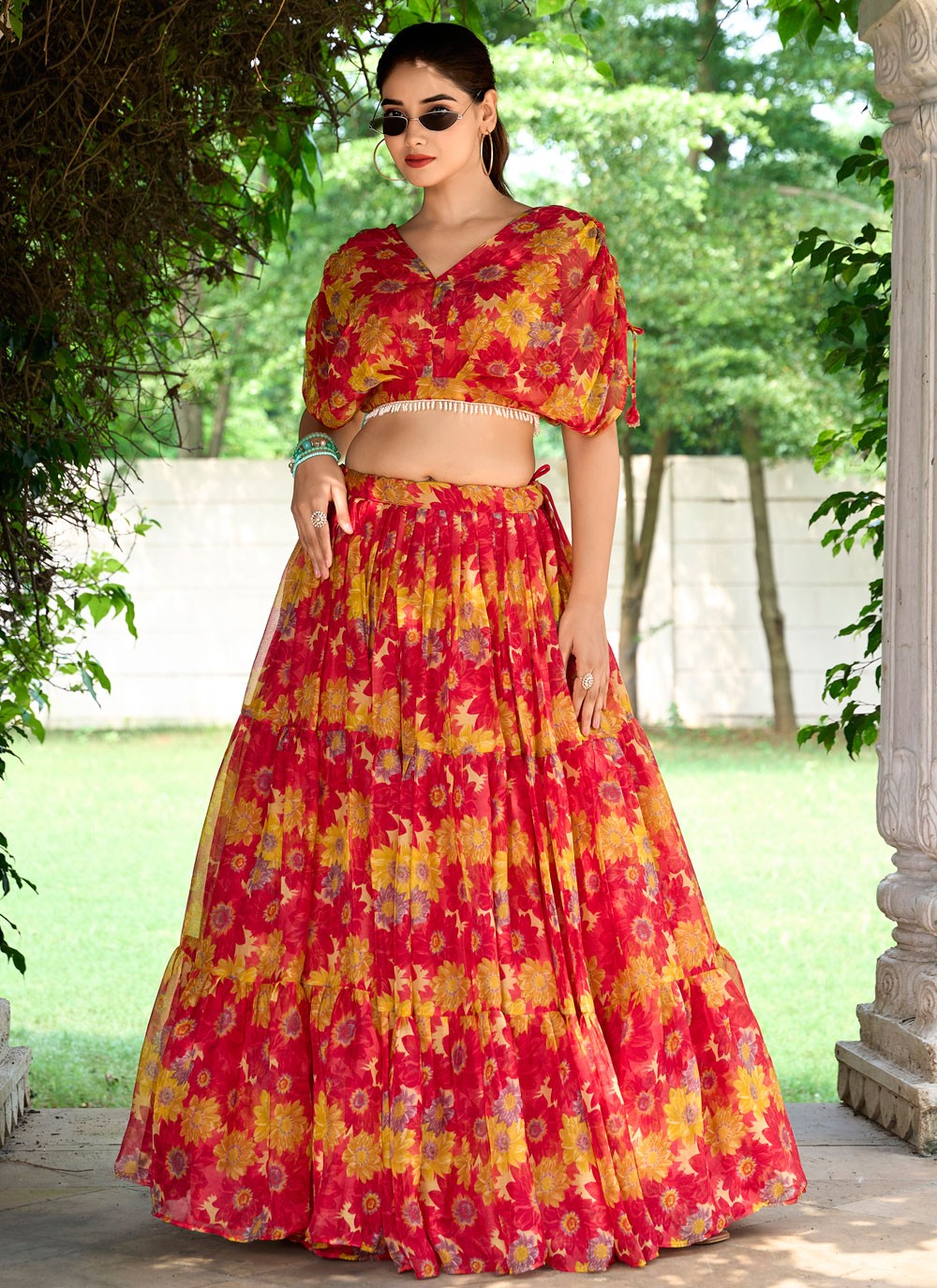 Floral Printed Chiffon Hot Pink Lehenga Choli L3747