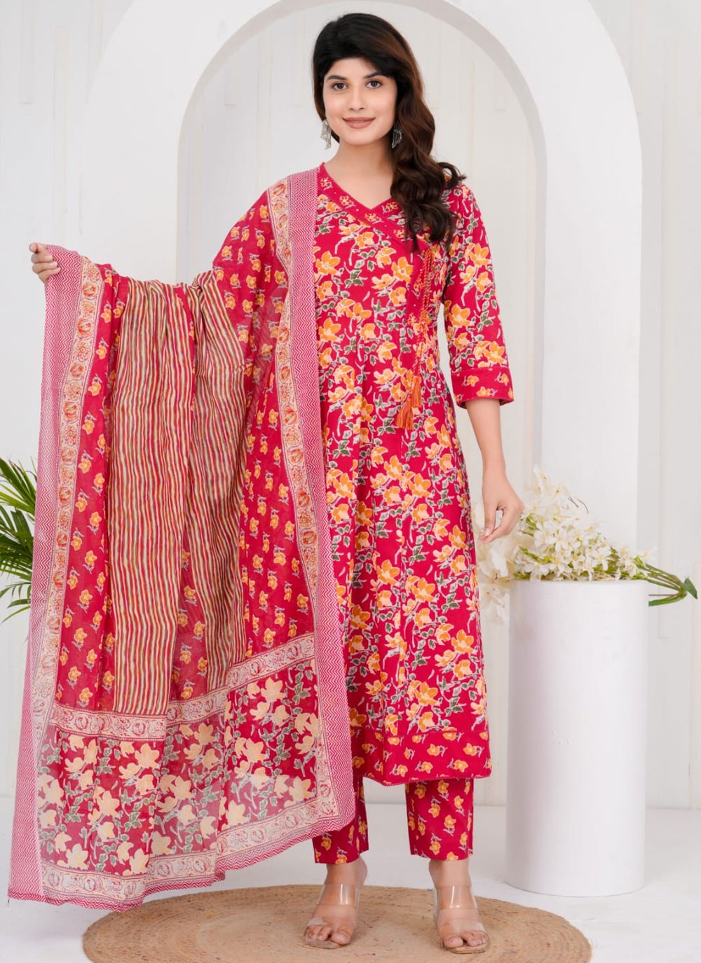 Salwar Suit Floral Printed Hot Pink, Red Cotton T5676