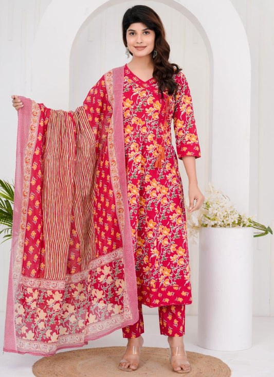 Salwar Suit Floral Printed Hot Pink, Red Cotton T5676