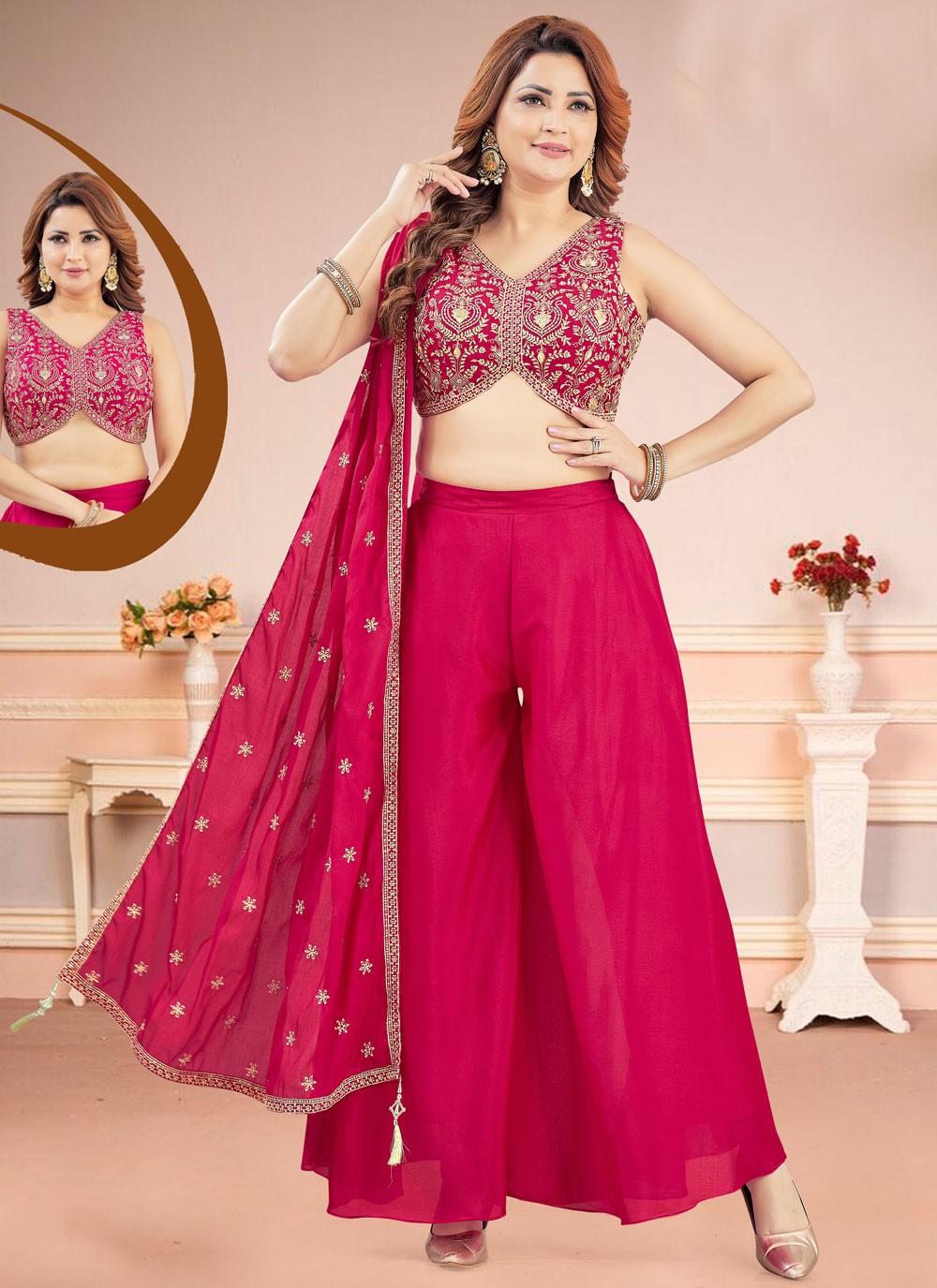 Palazzo Suit Embroidered Hot Pink, Red Silk T5807
