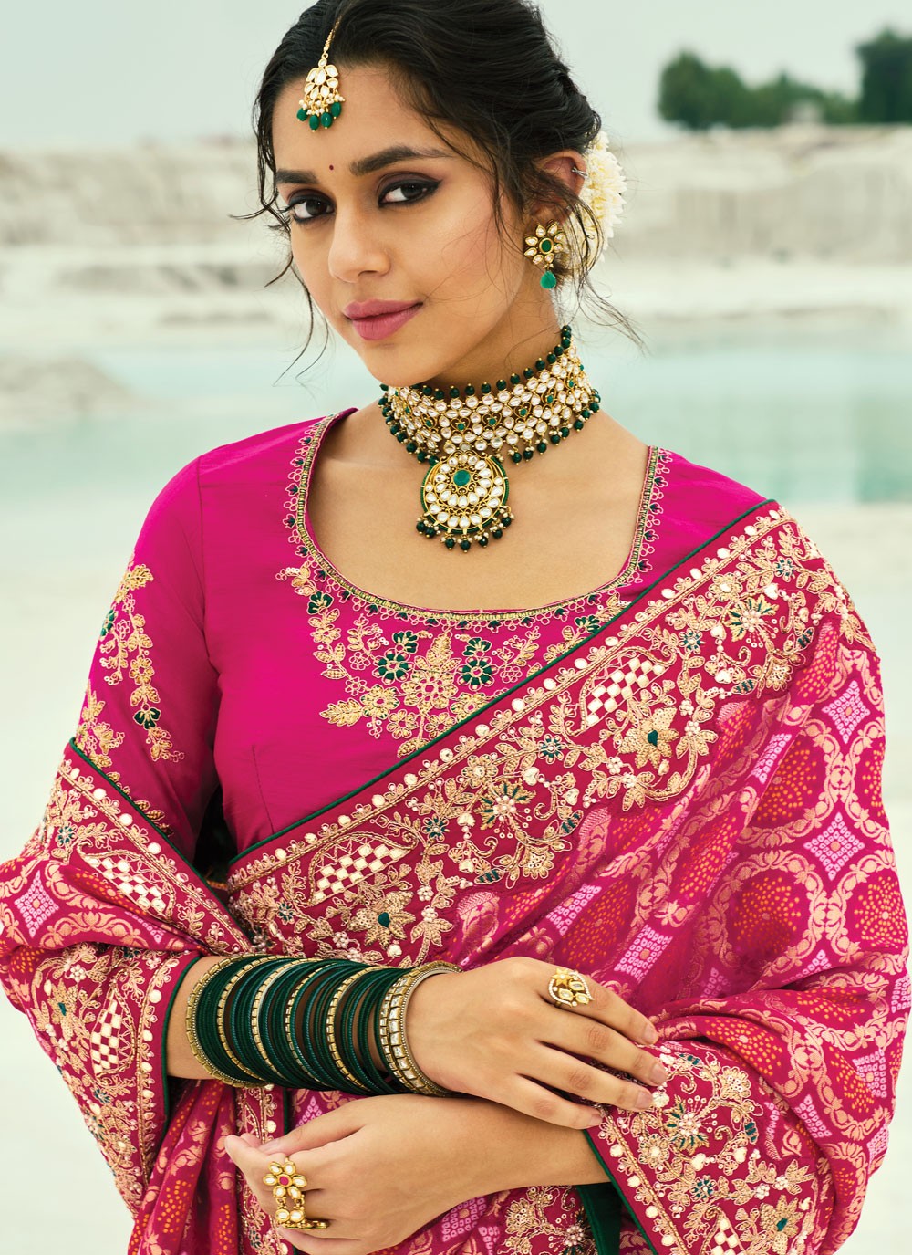 Hot Pink Pure Georgette Designer Saree Bandhej, Beads, Cutdana, Embroidered, Fancy Work, Zari S19124