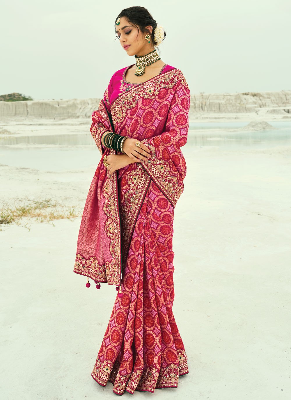 Hot Pink Pure Georgette Designer Saree Bandhej, Beads, Cutdana, Embroidered, Fancy Work, Zari S19124