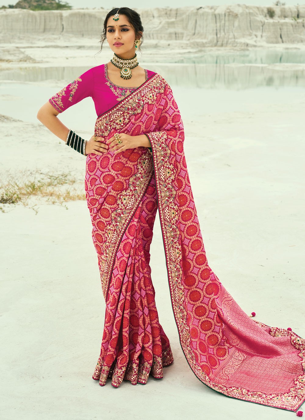 Hot Pink Pure Georgette Designer Saree Bandhej, Beads, Cutdana, Embroidered, Fancy Work, Zari S19124