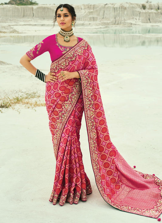 Hot Pink Pure Georgette Designer Saree Bandhej, Beads, Cutdana, Embroidered, Fancy Work, Zari S19124