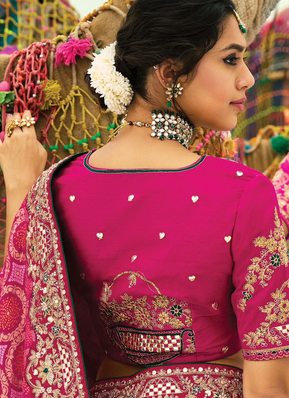 Hot Pink Pure Georgette Designer Saree Bandhej, Beads, Cutdana, Embroidered, Fancy Work, Zari S19124