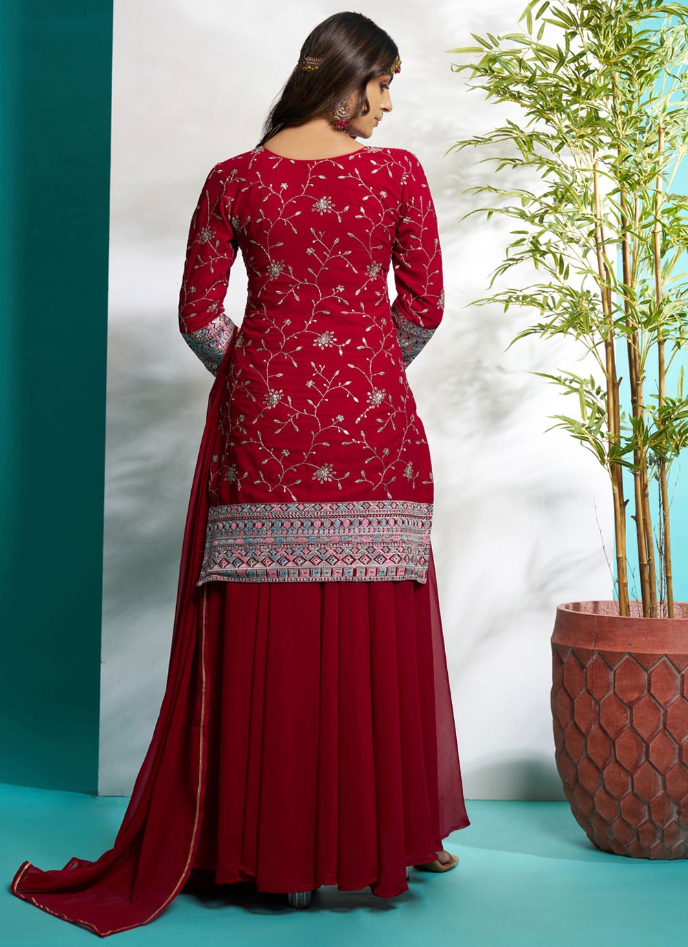 Salwar Suit Embroidered Hot Pink, Red Faux Georgette T5616