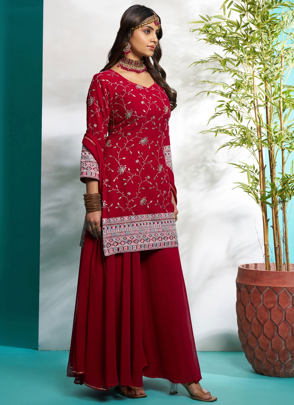 Salwar Suit Embroidered Hot Pink, Red Faux Georgette T5616