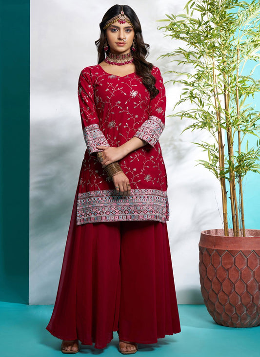 Salwar Suit Embroidered Hot Pink, Red Faux Georgette T5616