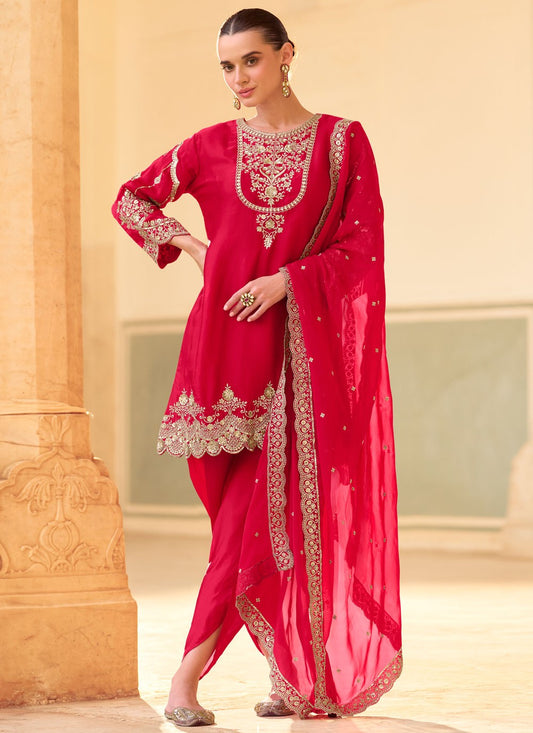 Salwar Suit Embroidered Hot Pink, Red Crepe Silk T5423