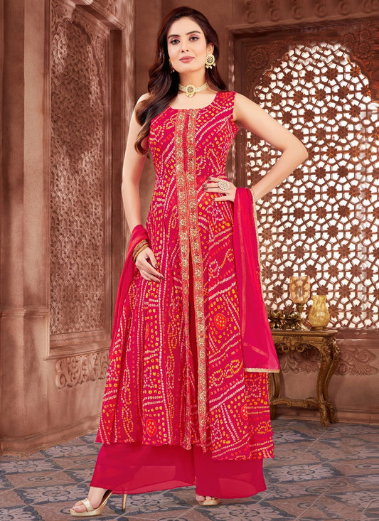Salwar Suit Embroidered Hot Pink, Red Georgette T5058