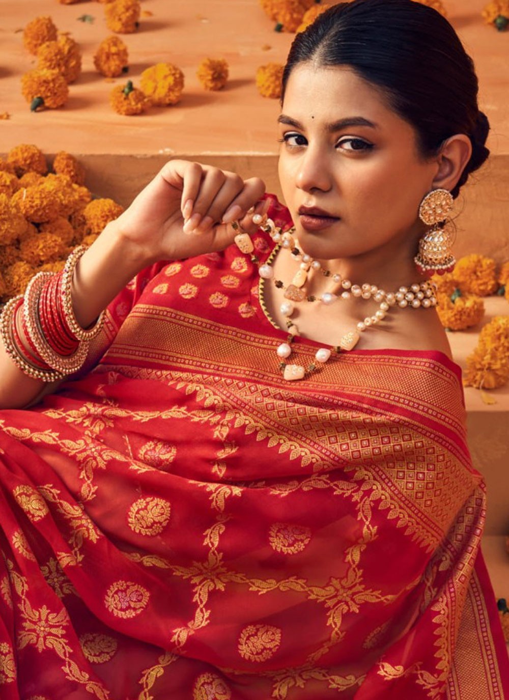 Contemporary Printed Hot Pink, Red Georgette Saree S13422
