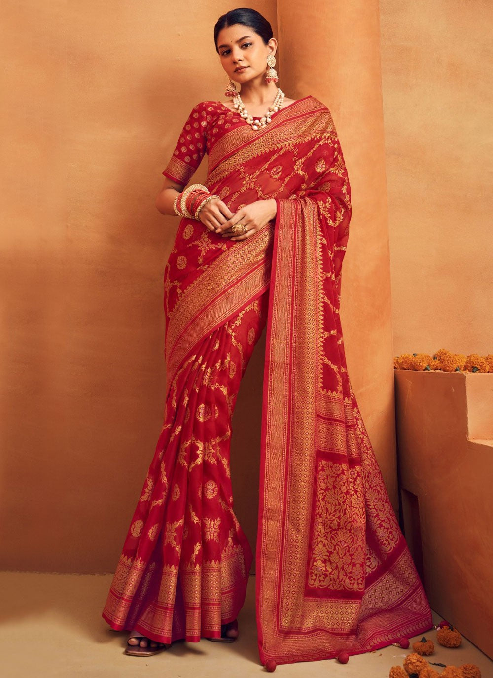Contemporary Printed Hot Pink, Red Georgette Saree S13422