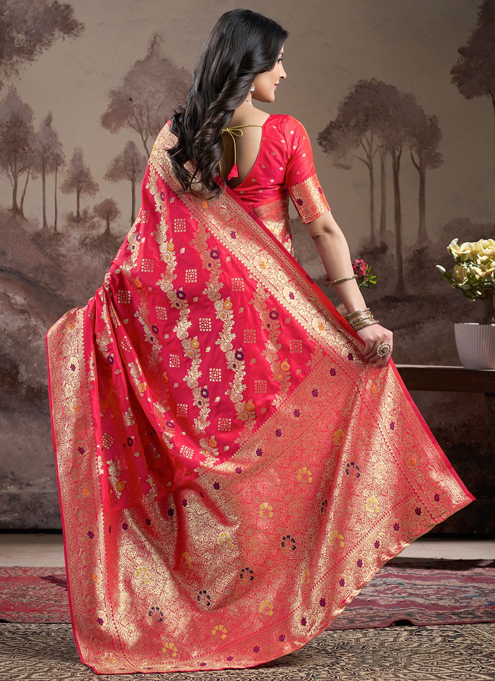 Designer Jacquard Work Hot Pink, Red Jacquard Silk Saree S12592